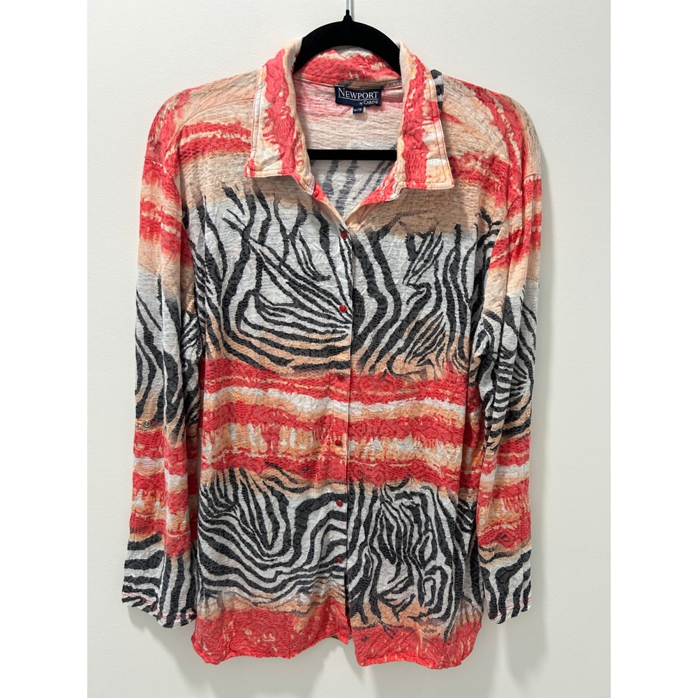 Newport by Carine Zebra Print Roll Tab Sleeve Button Down Shirt Red Orange XL